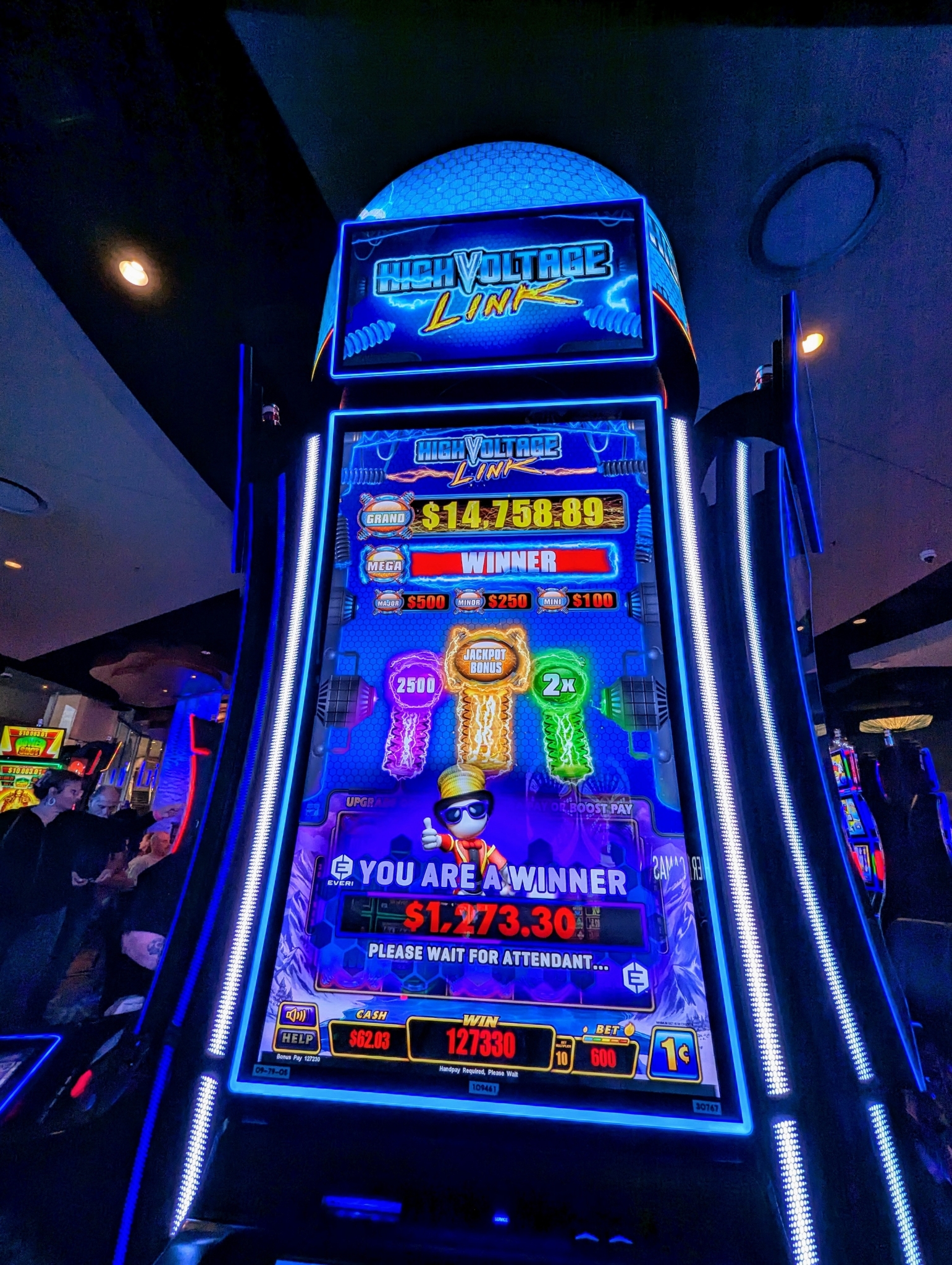 Everi High Voltage Link cabinet on a casino floor